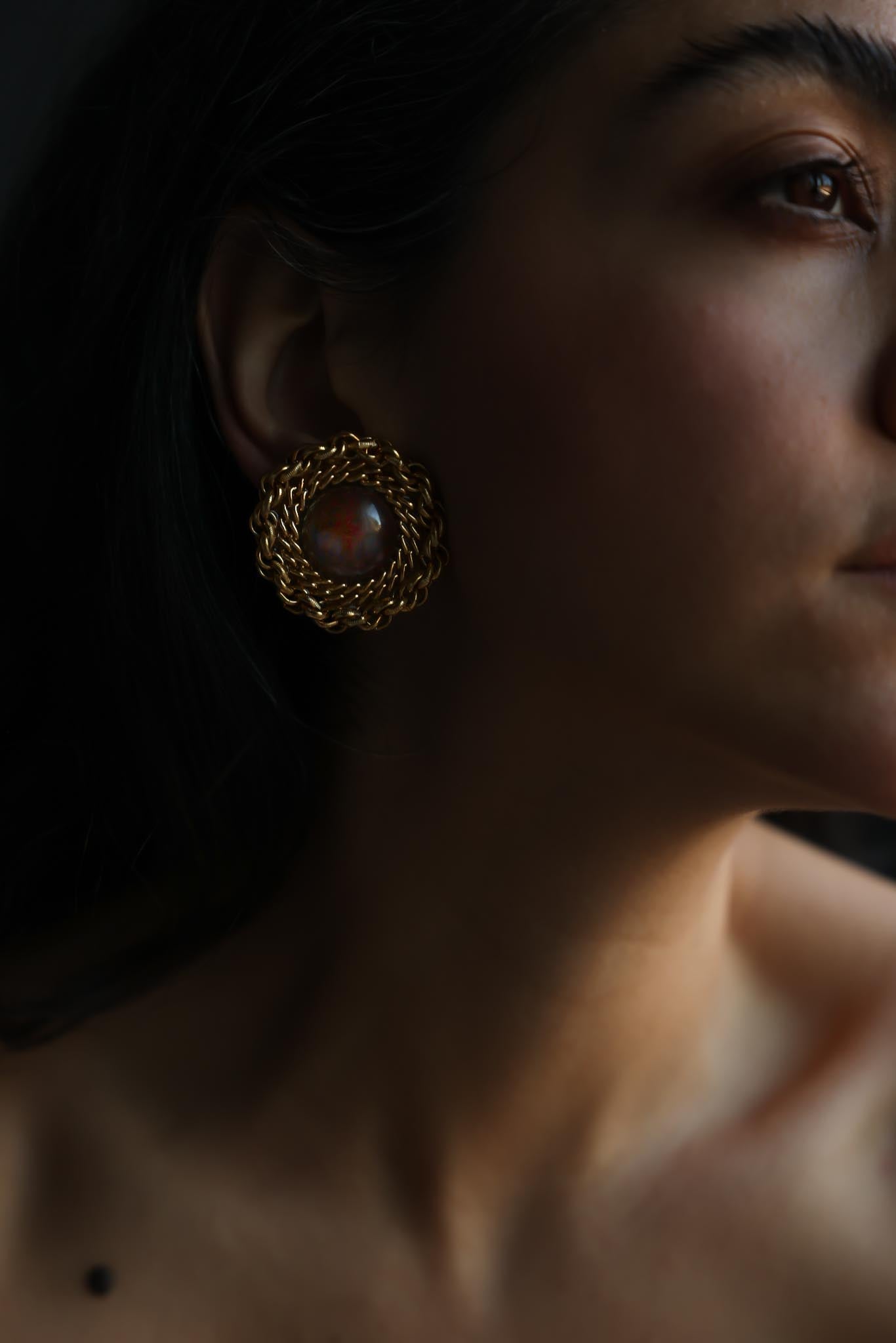Gold Tone Woven Clip-On Earrings With Burgundy Cabochon
