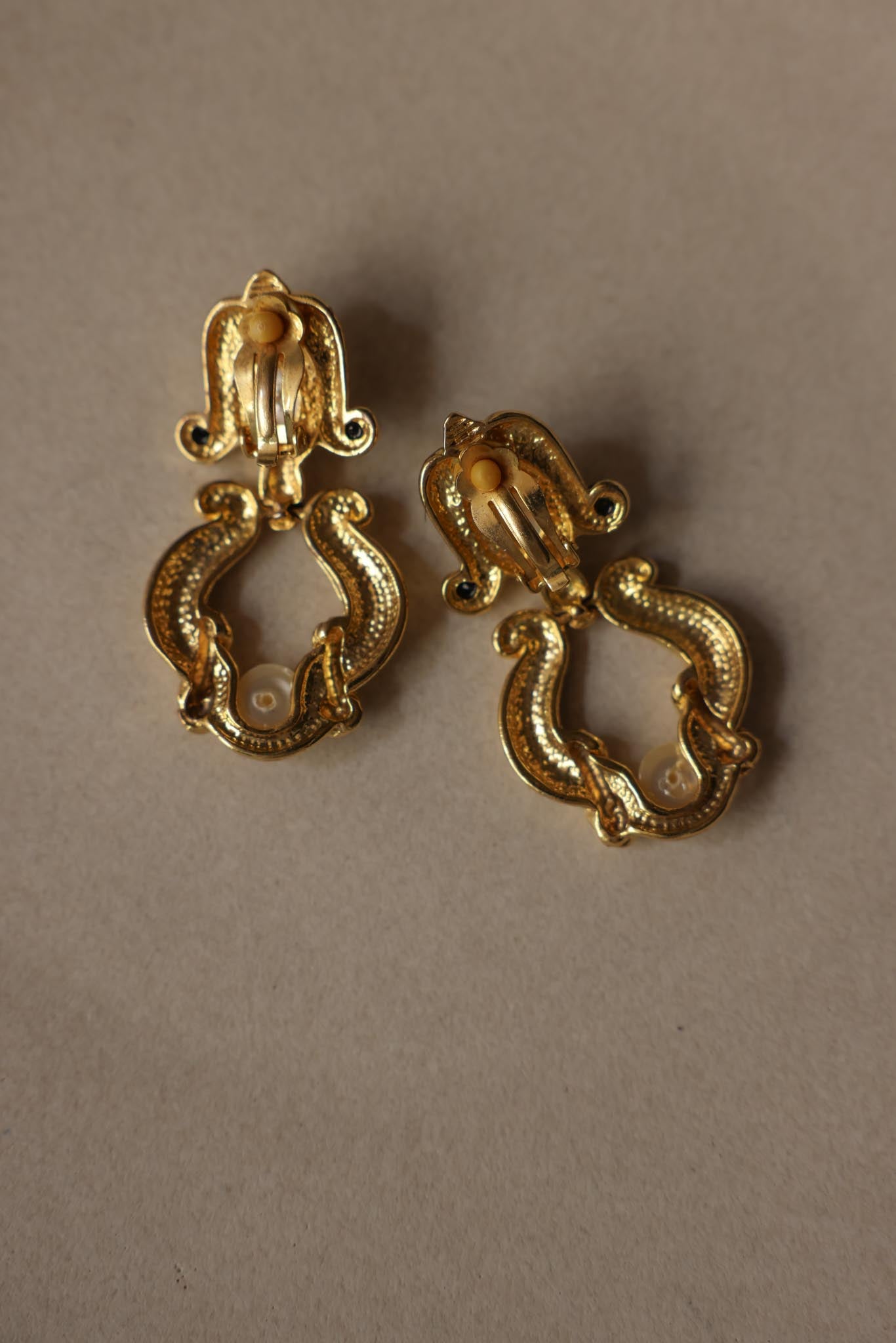 Gold Tone Faux Pearl And Black Cabochon Drop Clip-On Earrings