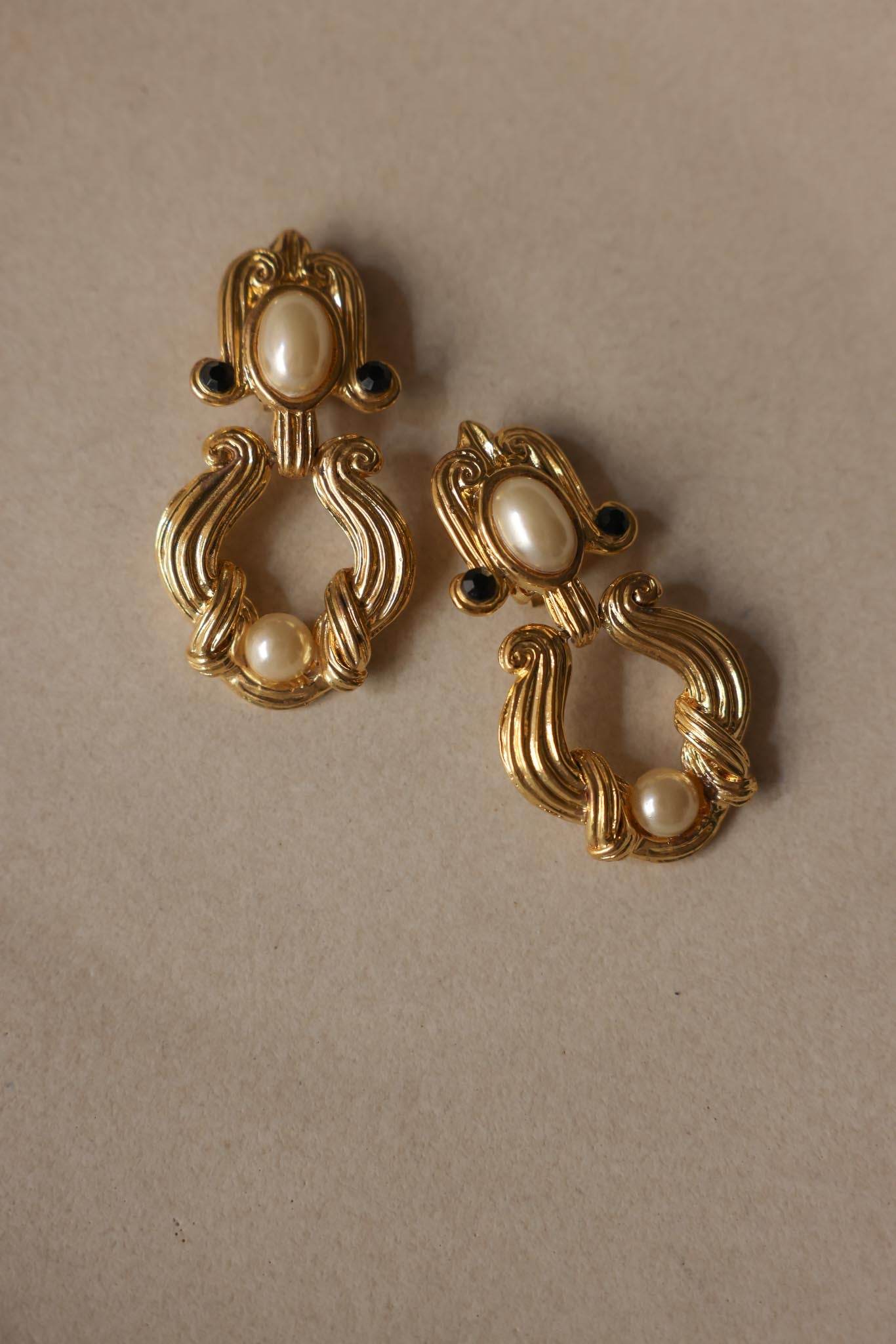 Gold Tone Faux Pearl And Black Cabochon Drop Clip-On Earrings