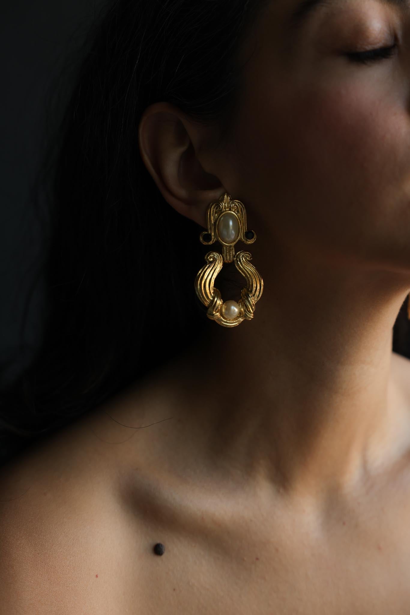 Gold Tone Faux Pearl And Black Cabochon Drop Clip-On Earrings