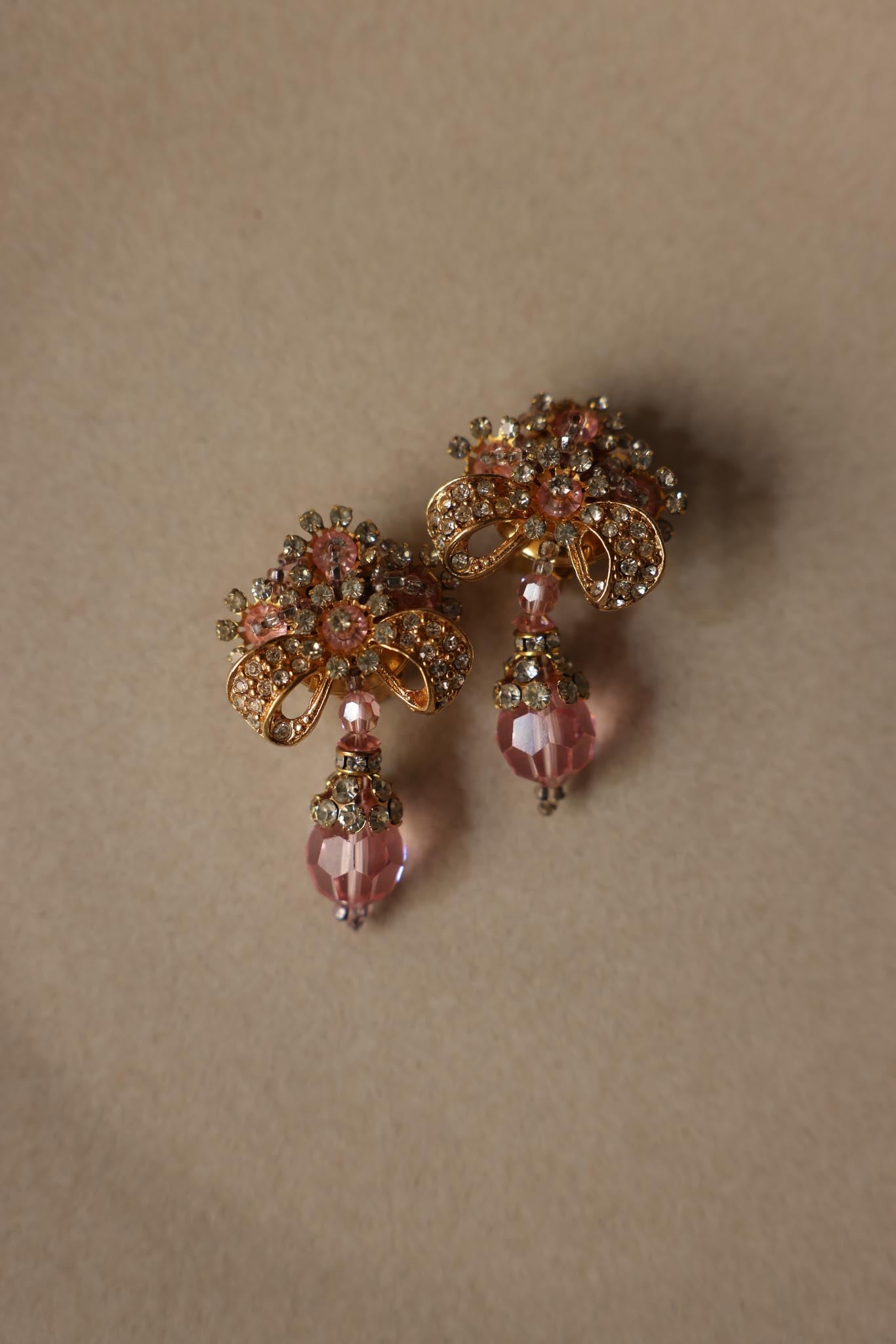 Gold Plated Pink Rhinestone Drop Clip-On Earrings