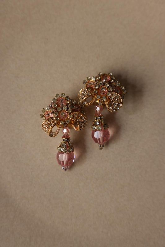 Gold Plated Pink Rhinestone Drop Clip-On Earrings