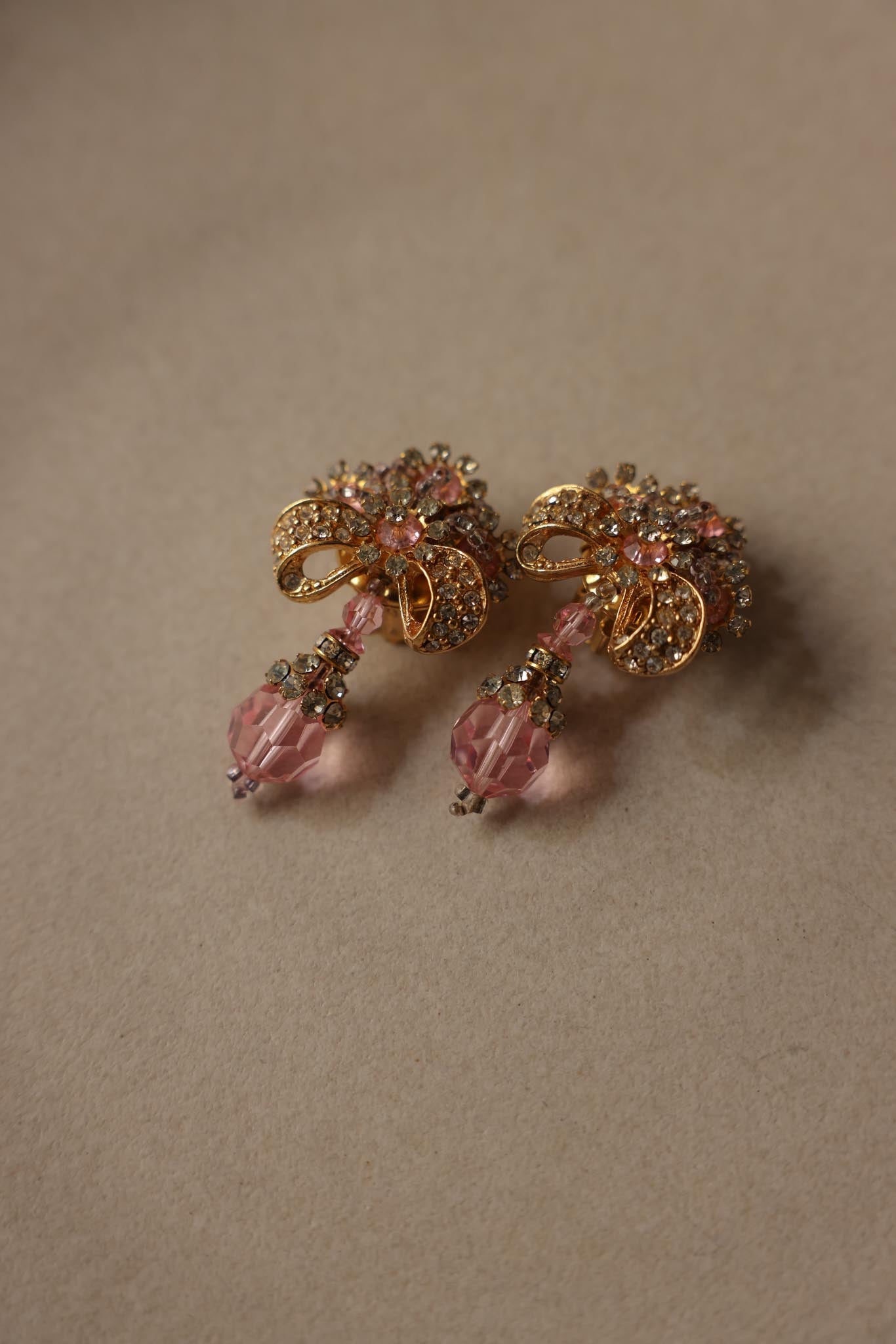 Gold Plated Pink Rhinestone Drop Clip-On Earrings