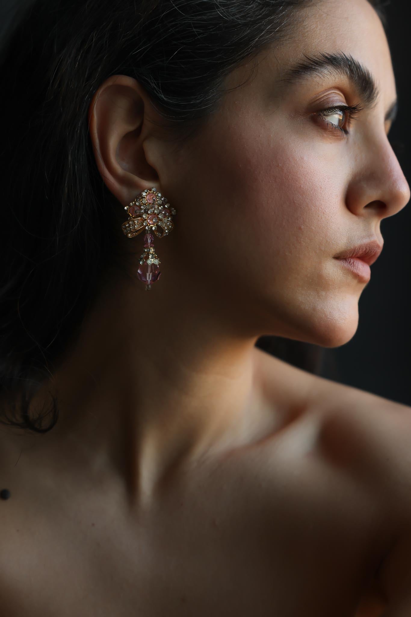 Gold Plated Pink Rhinestone Drop Clip-On Earrings