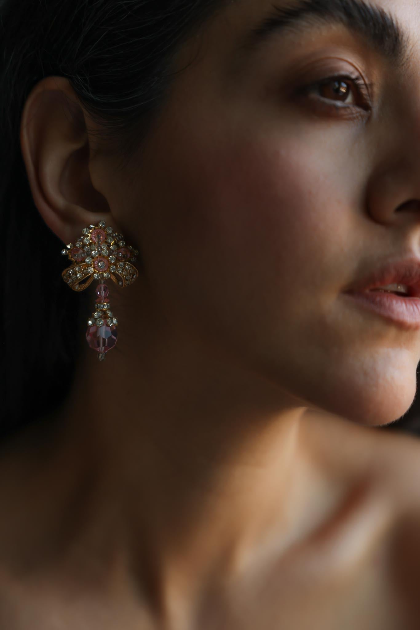 Gold Plated Pink Rhinestone Drop Clip-On Earrings
