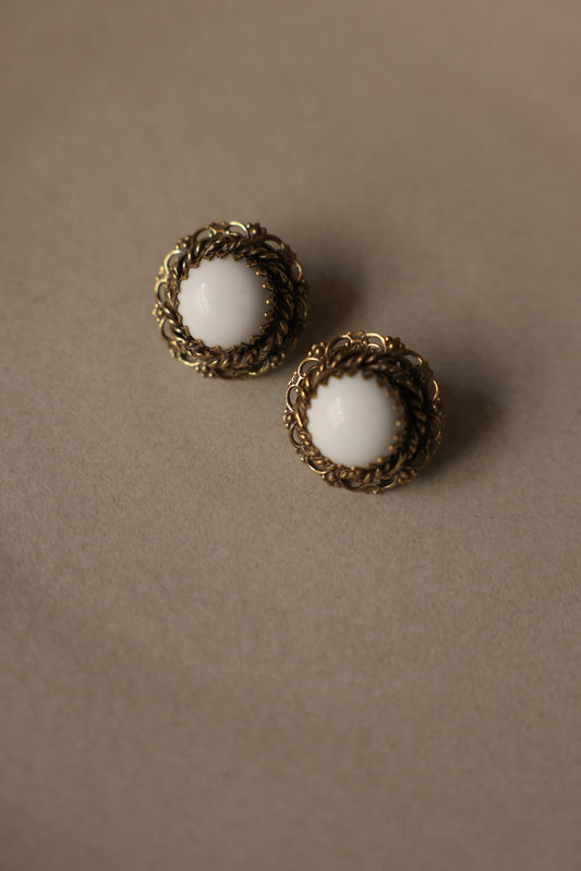 Gold Tone White Cabochon Filigree Clip-On Earrings