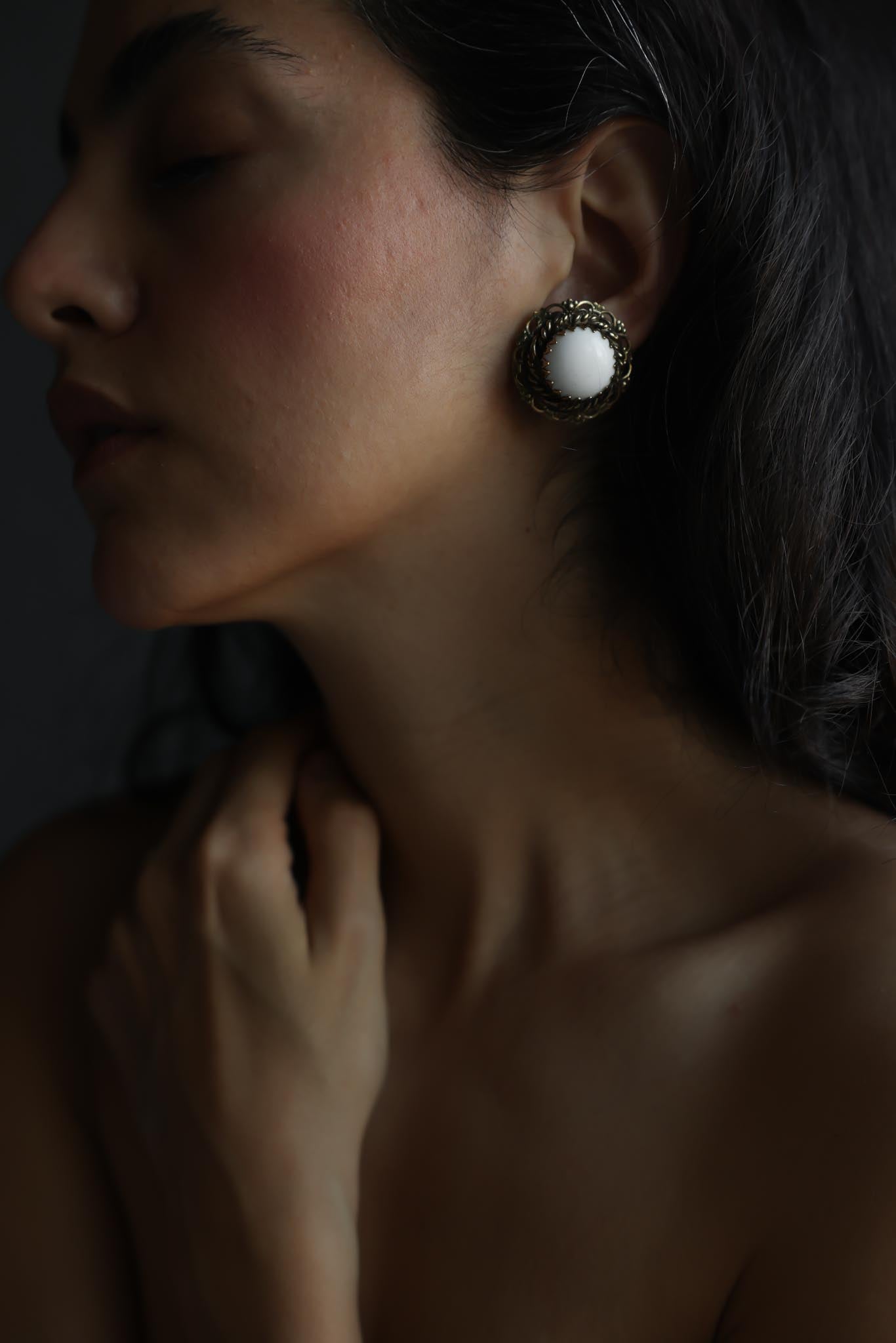 Gold Tone White Cabochon Filigree Clip-On Earrings