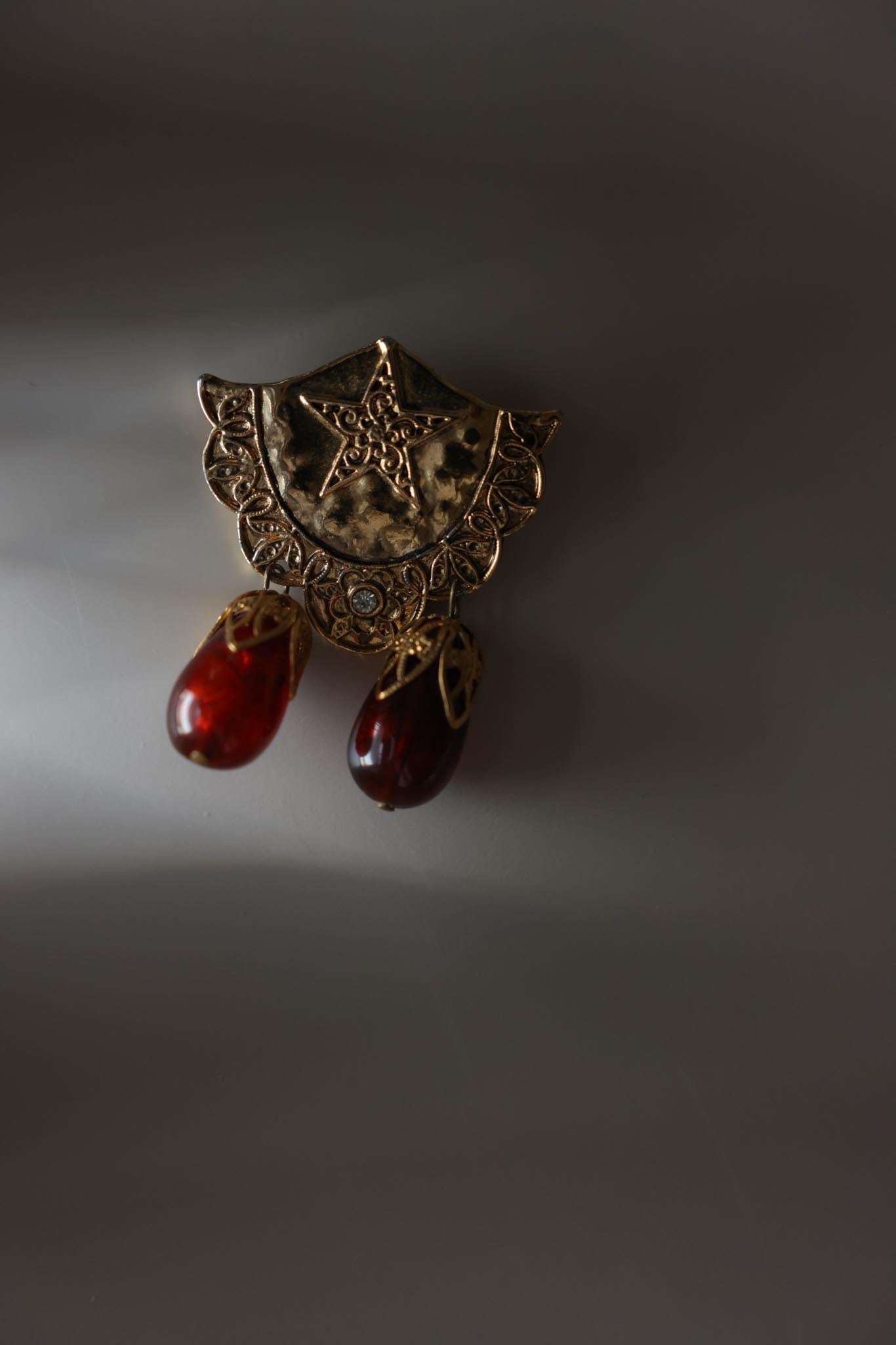Gold-Tone Star Motif Brooch With Burgundy Drops|Vintage Baazaar 