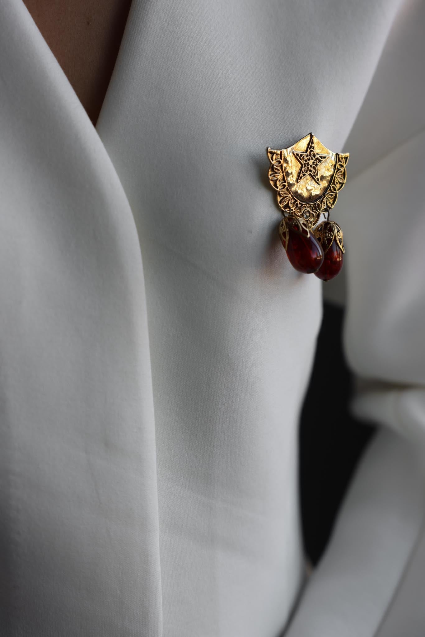 Gold-Tone Star Motif Brooch With Burgundy Drops|Vintage Baazaar 