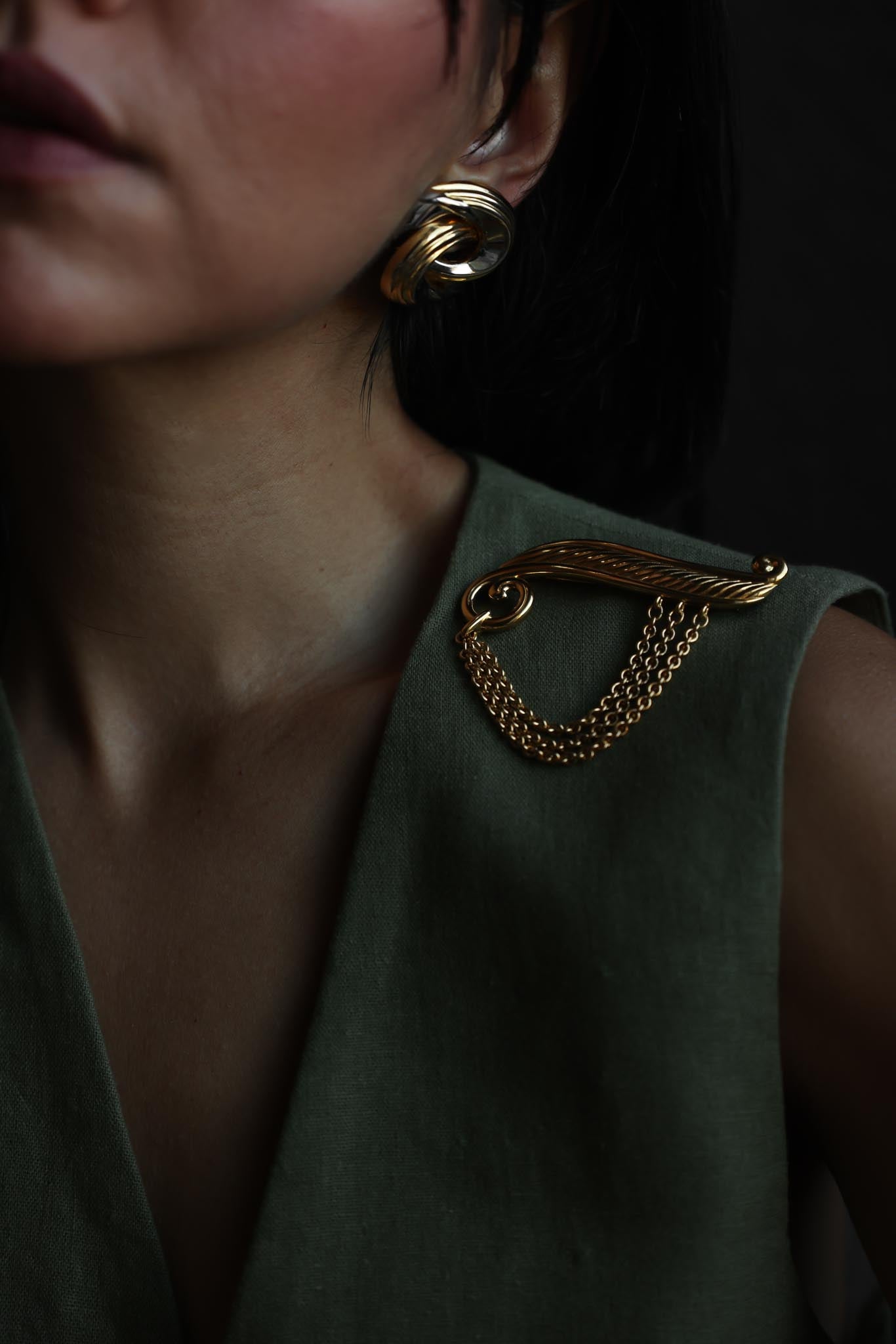 Gold Tone Scroll Brooch with Draped Chains