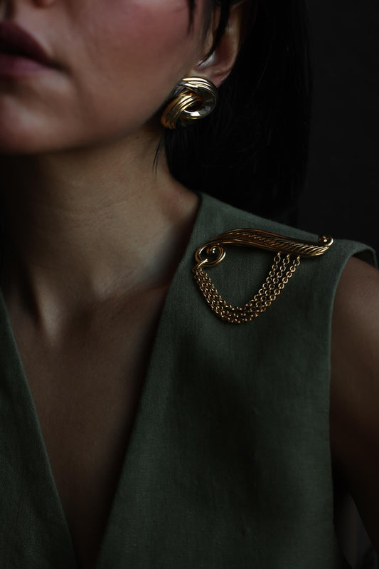 Gold Tone Scroll Brooch with Draped Chains