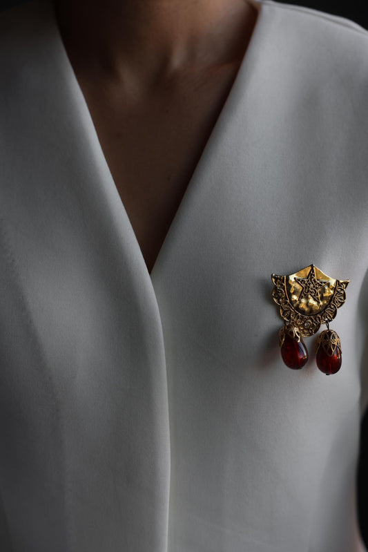 Gold-Tone Star Motif Brooch With Burgundy Drops|Vintage Baazaar 