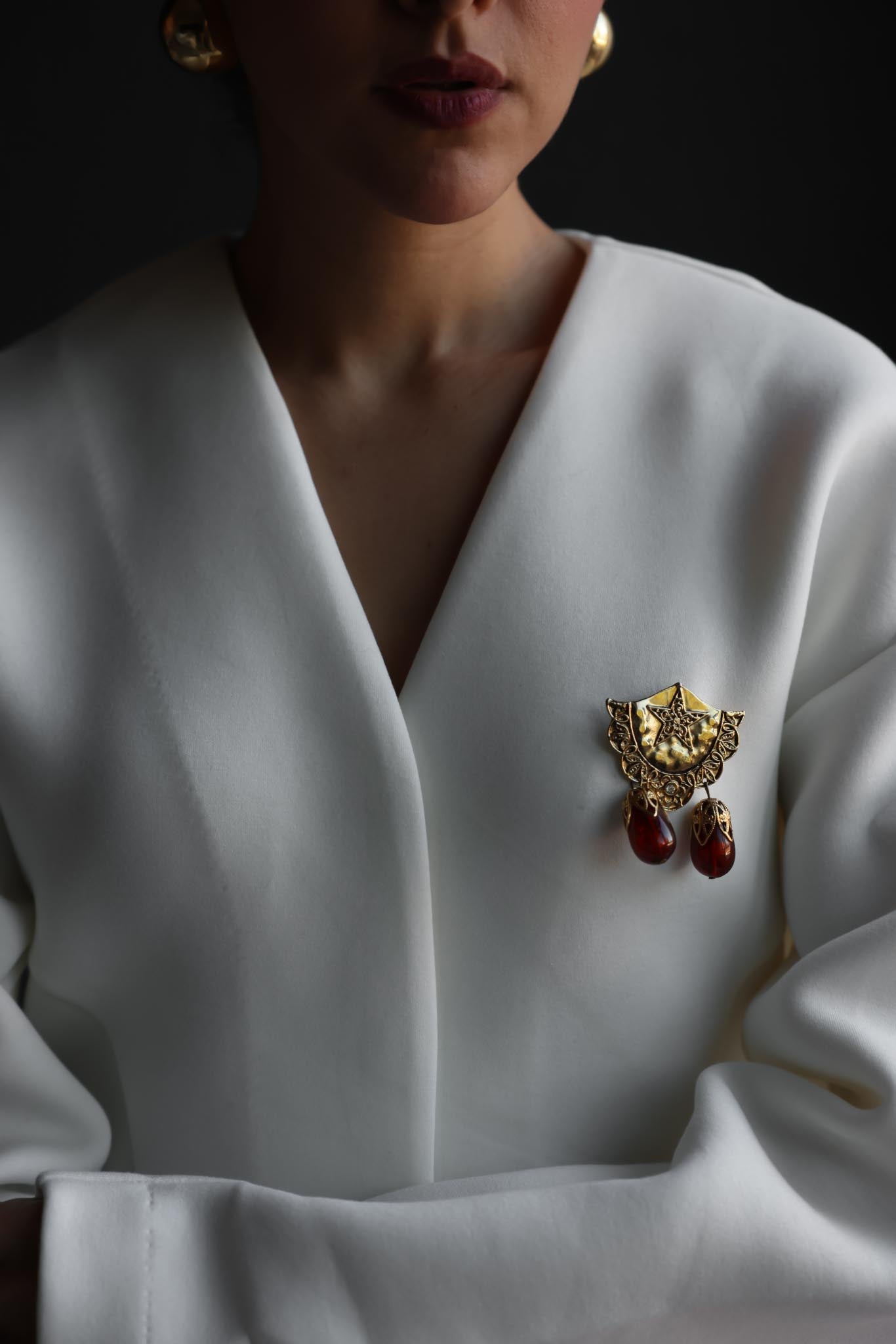 Gold-Tone Star Motif Brooch With Burgundy Drops|Vintage Baazaar 