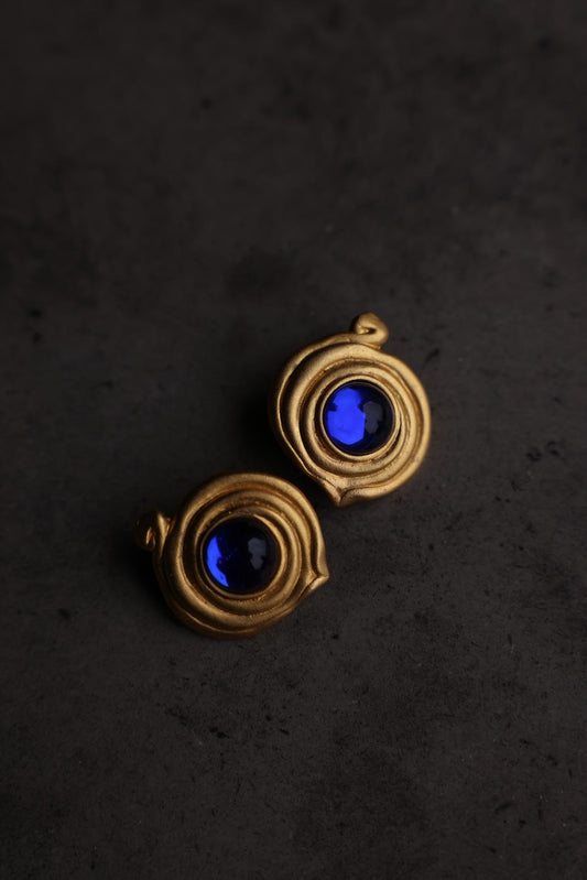 Matte Gold Swirl Clip-On Earrings with Blue Cabochons