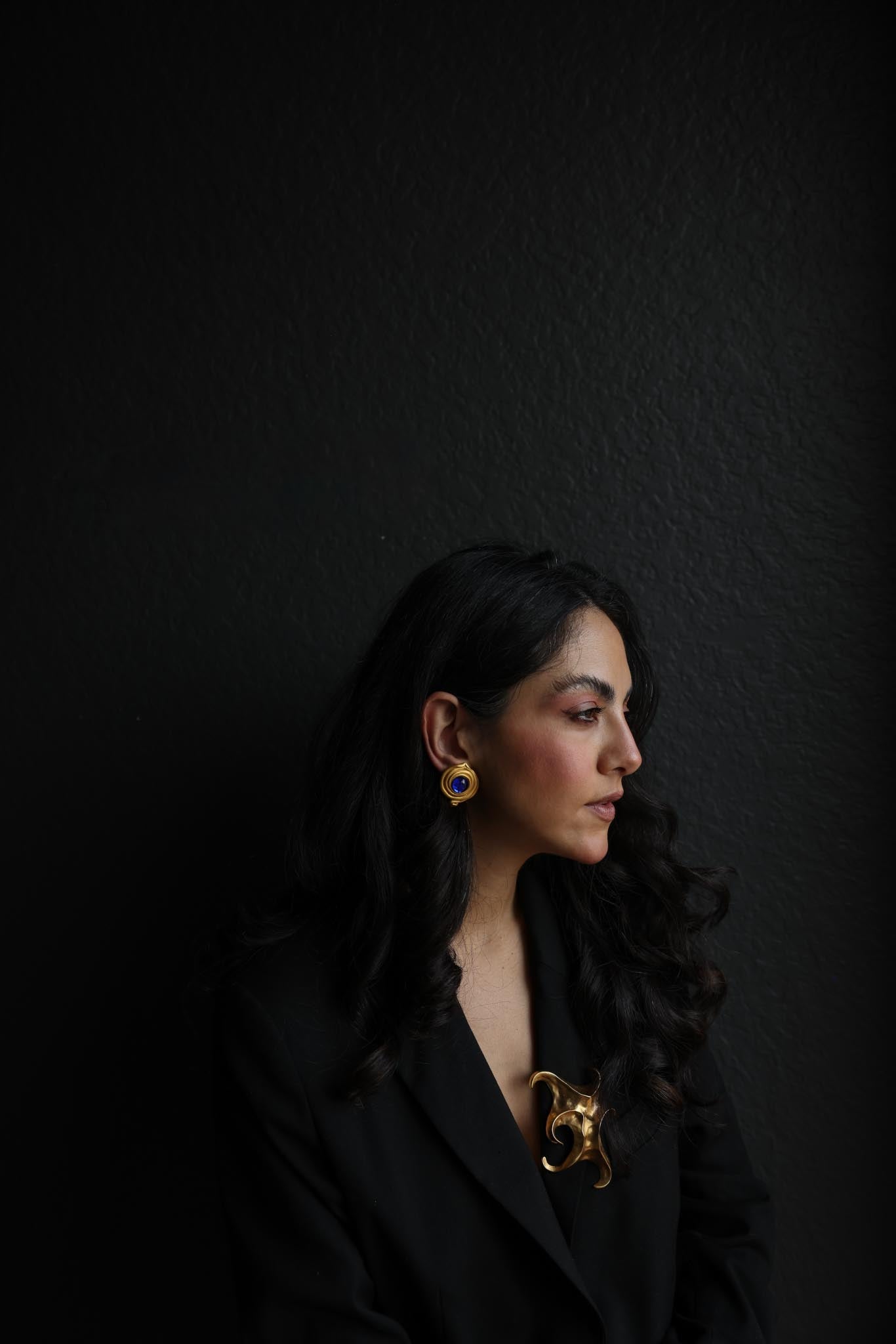 Matte Gold Swirl Clip-On Earrings with Blue Cabochons