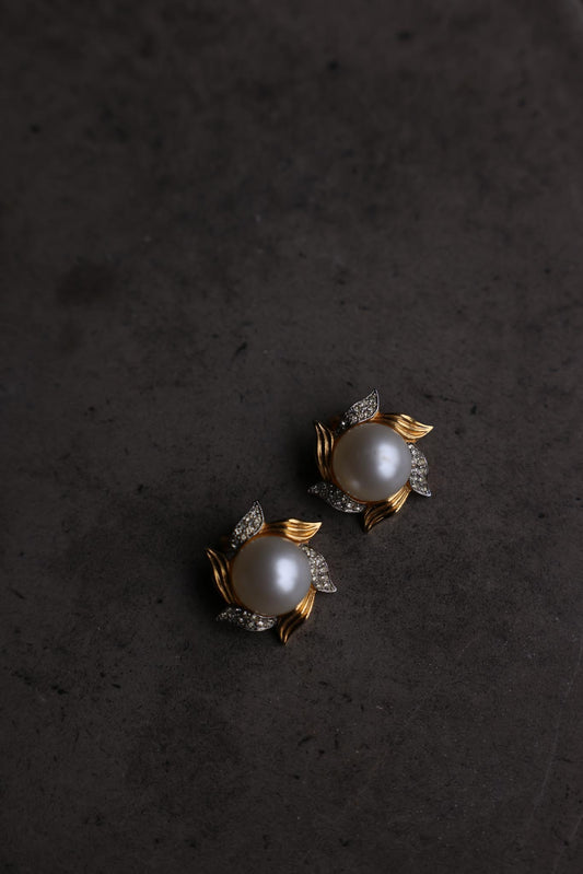 Kenneth Lane Faux Pearl Clip-On Earrings with Rhinestone Leaves