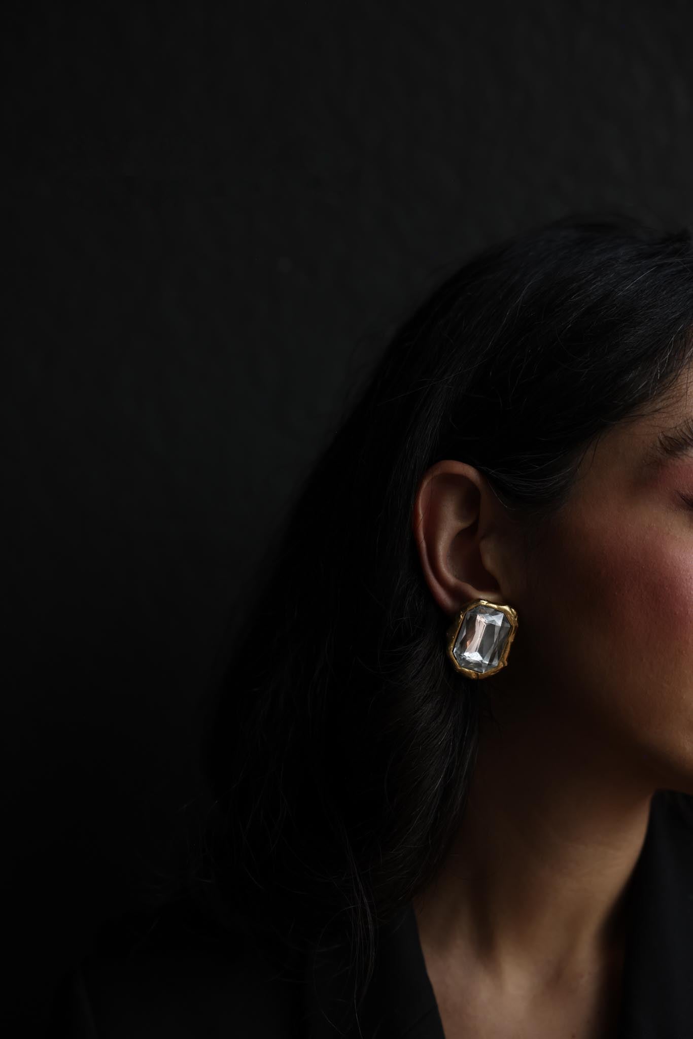 Matte Gold Emerald-Cut Clear Clip-On Earrings