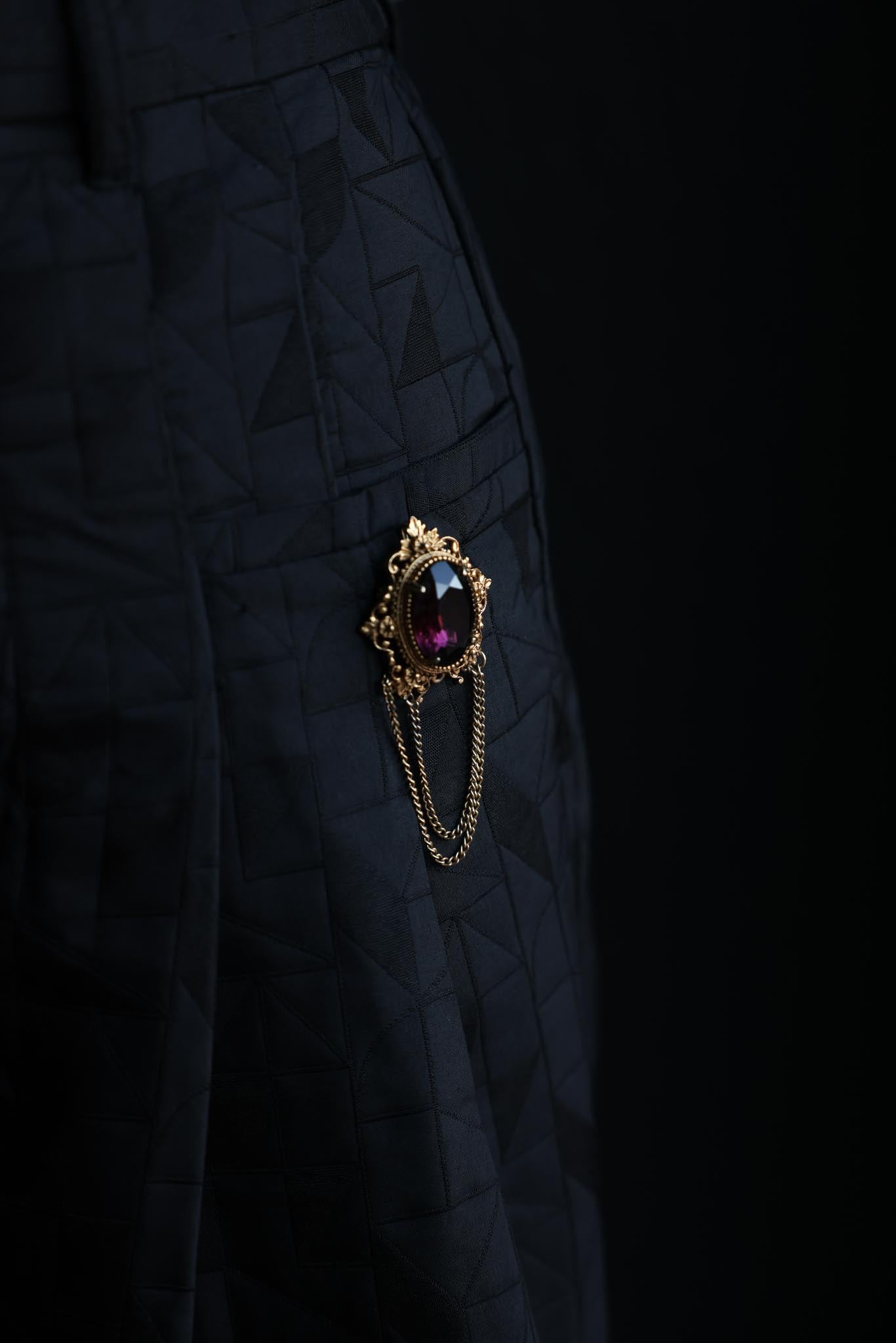 Filigree Brooch with Purple Glass Stone and Chain Detail|Vintage Baazaar 