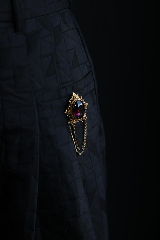 Filigree Brooch with Purple Glass Stone and Chain Detail|Vintage Baazaar 