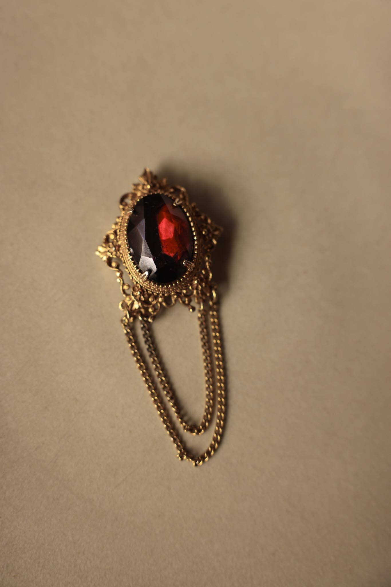 Filigree Brooch with Purple Glass Stone and Chain Detail|Vintage Baazaar 