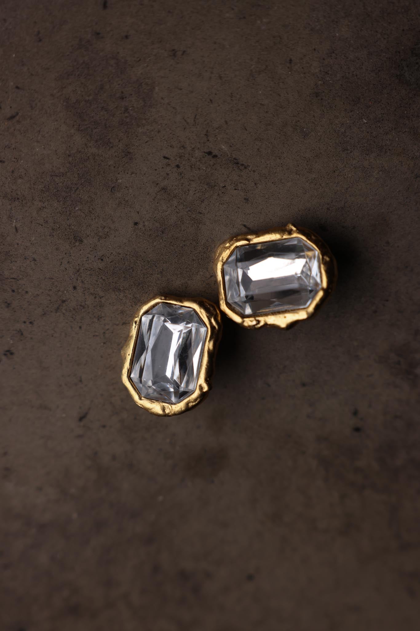 Matte Gold Emerald-Cut Clear Clip-On Earrings