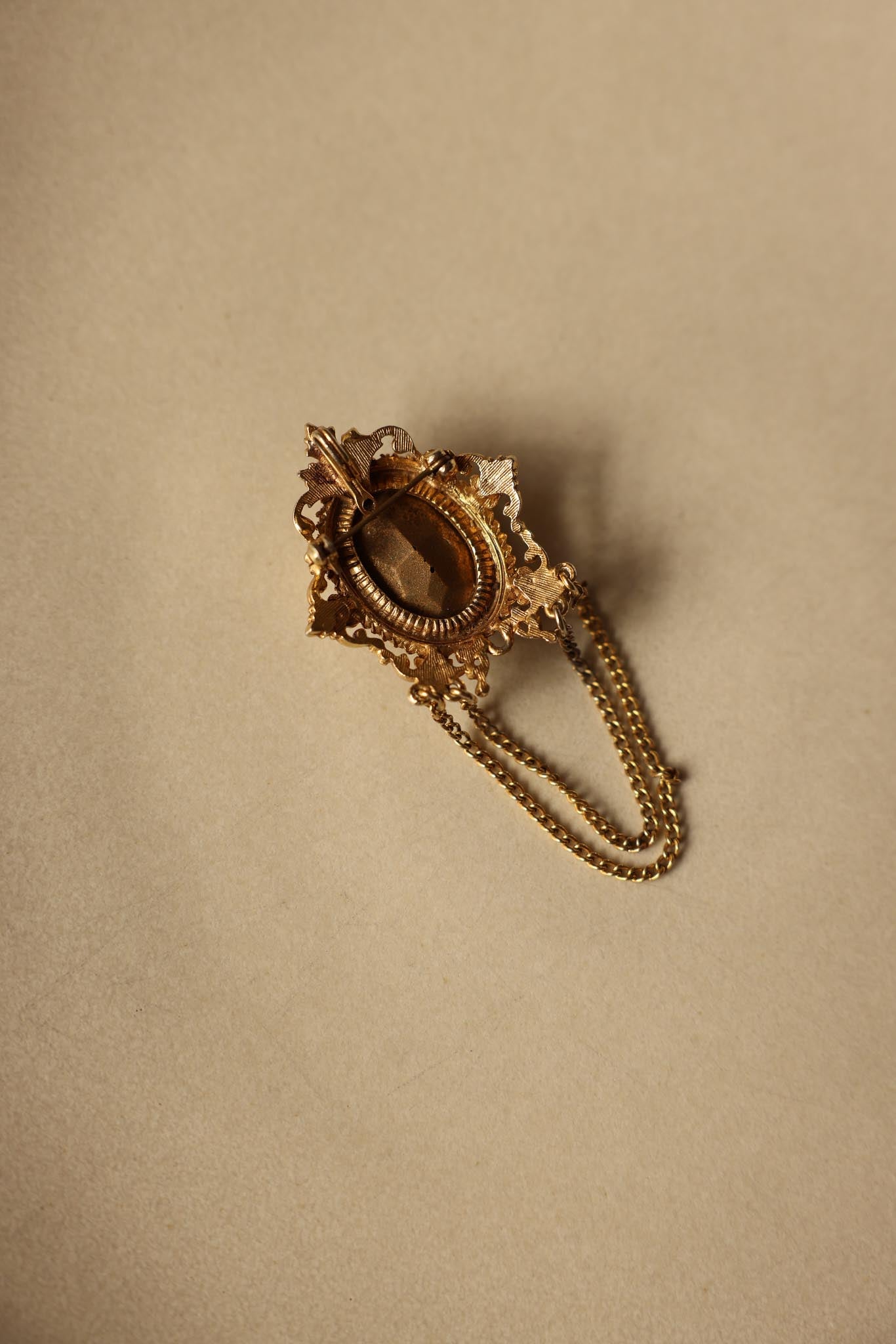 Filigree Brooch with Purple Glass Stone and Chain Detail|Vintage Baazaar 