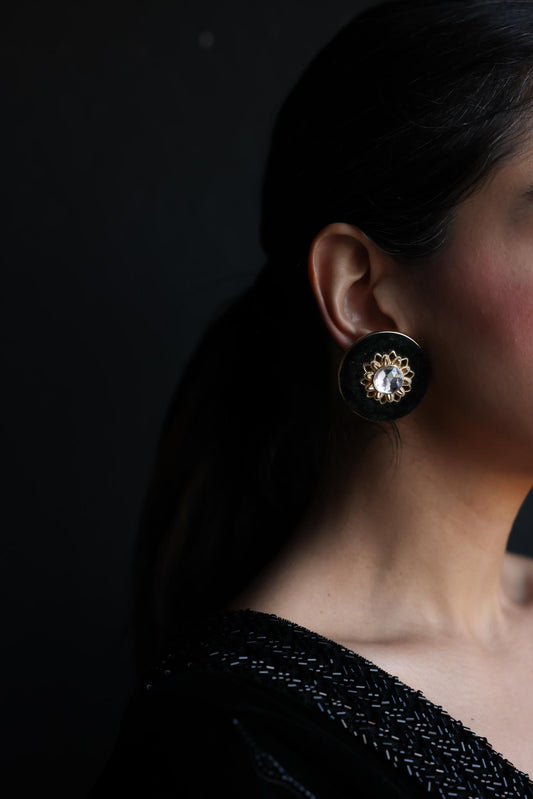 Black Velvet Clip-On Earrings with Clear Gem Accent|Vintage Baazaar 