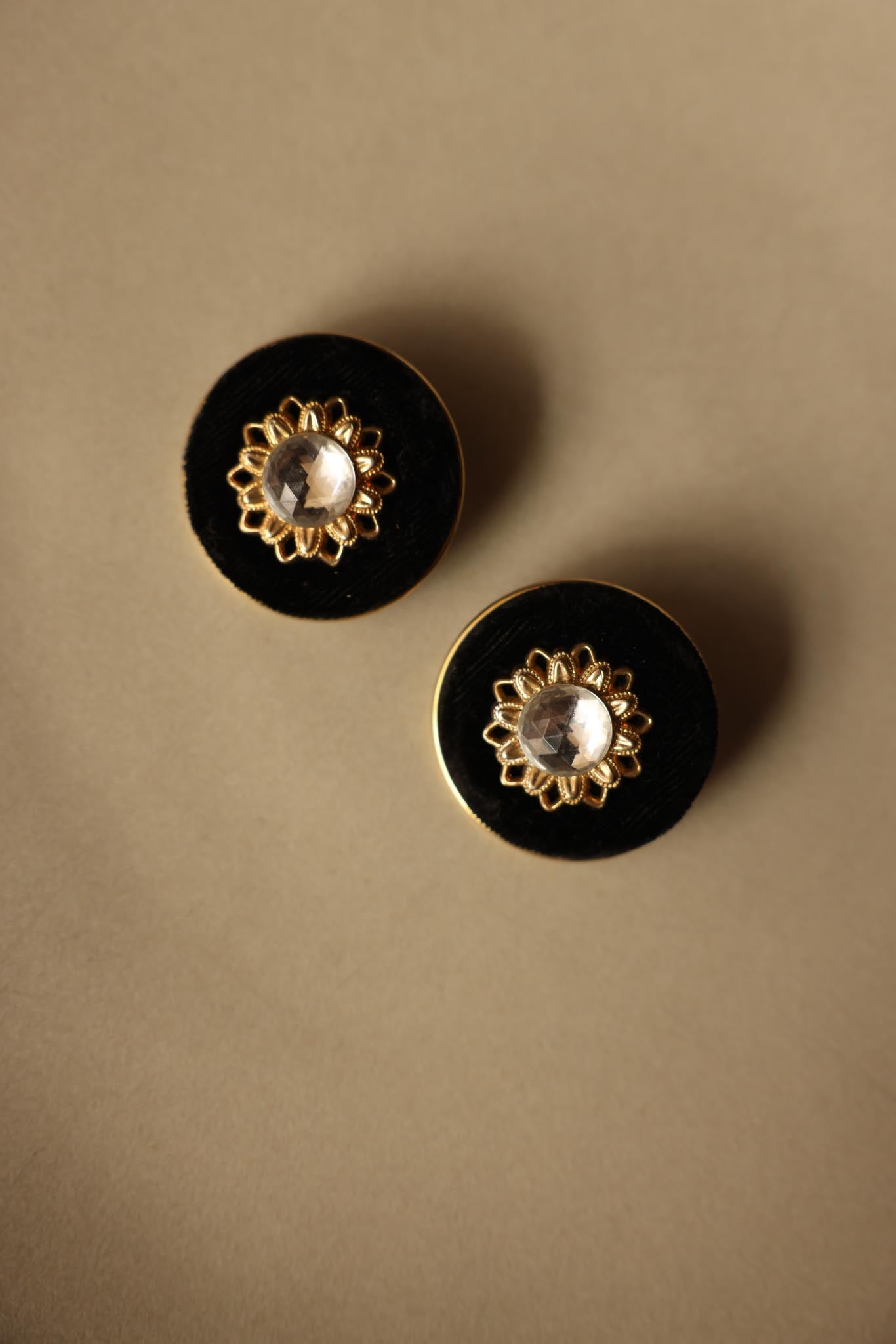 Black Velvet Clip-On Earrings with Clear Gem Accent|Vintage Baazaar 