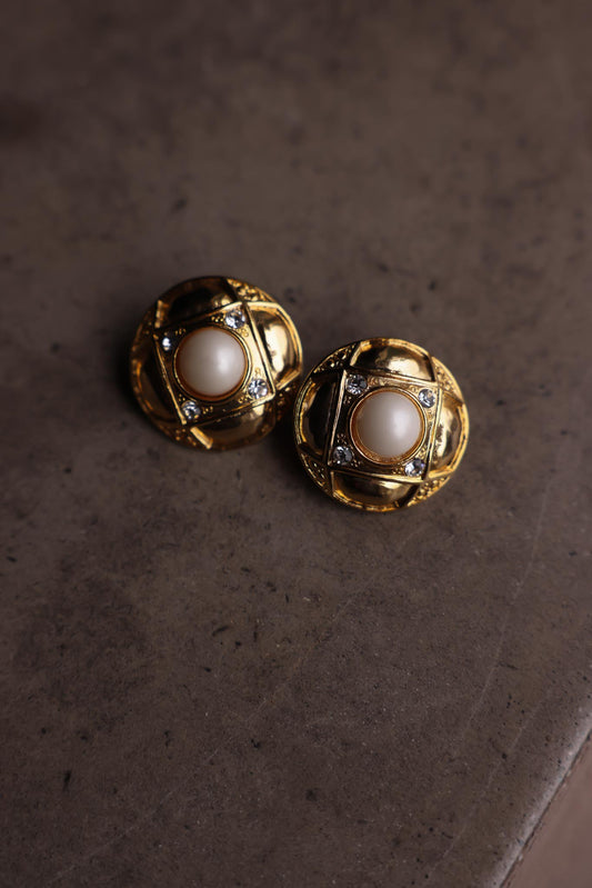Gold-Tone Faux Pearl Clip-On Earrings with Rhinestones