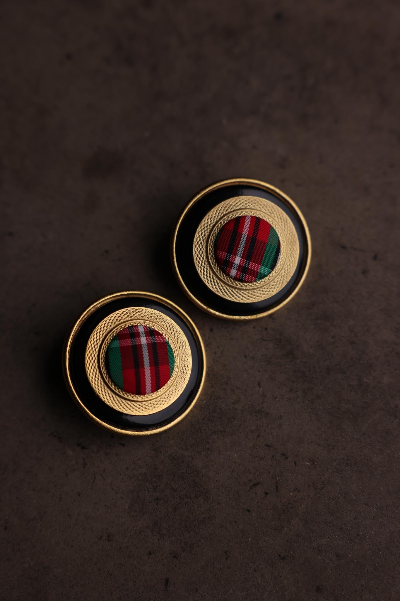 Gold-Tone Plaid Fabric Clip-On Earrings with Black Enamel