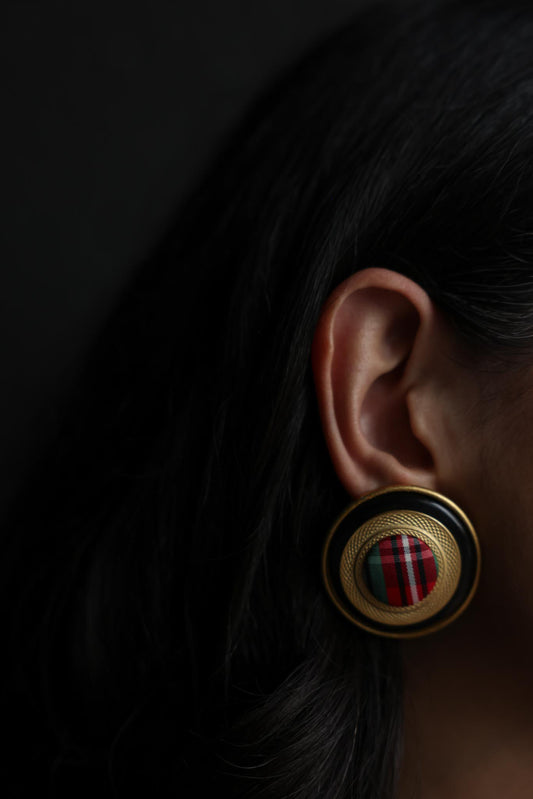 Gold-Tone Plaid Fabric Clip-On Earrings with Black Enamel