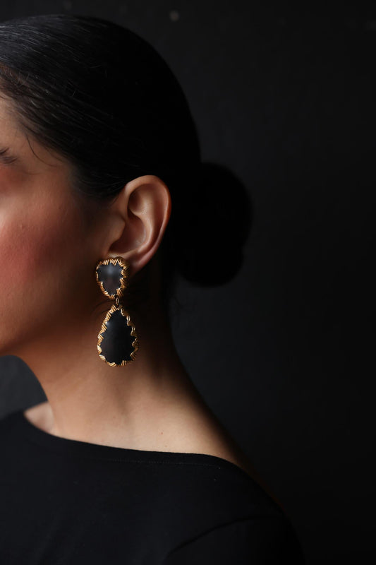 Matte Black Enamel Drop Clip-On Earrings|Vintage Baazaar 
