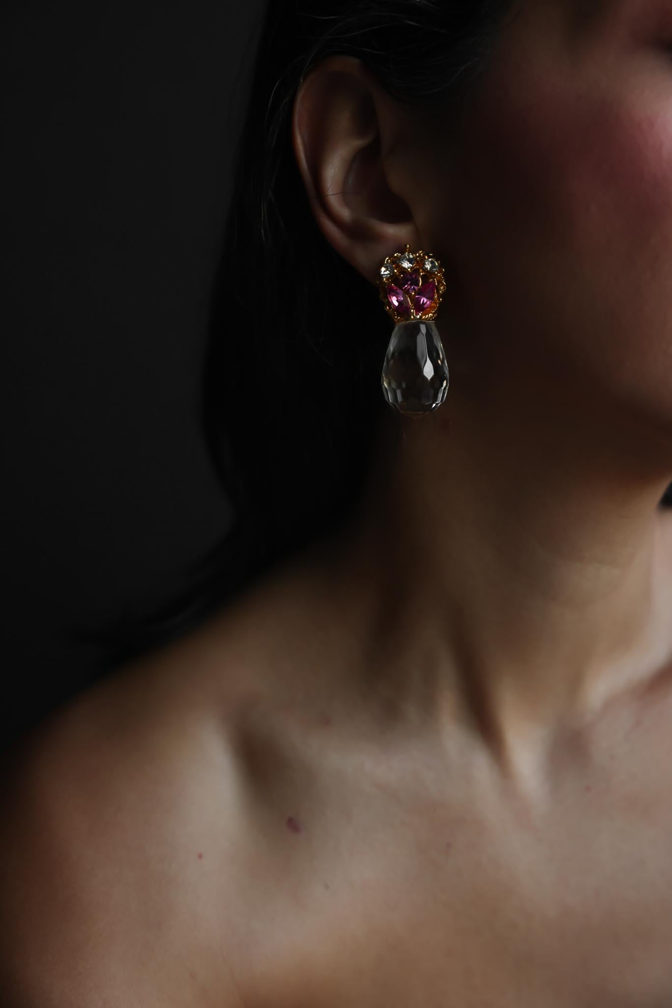 Pink Rhinestone & Faceted Glass Drop Clip-On Earrings