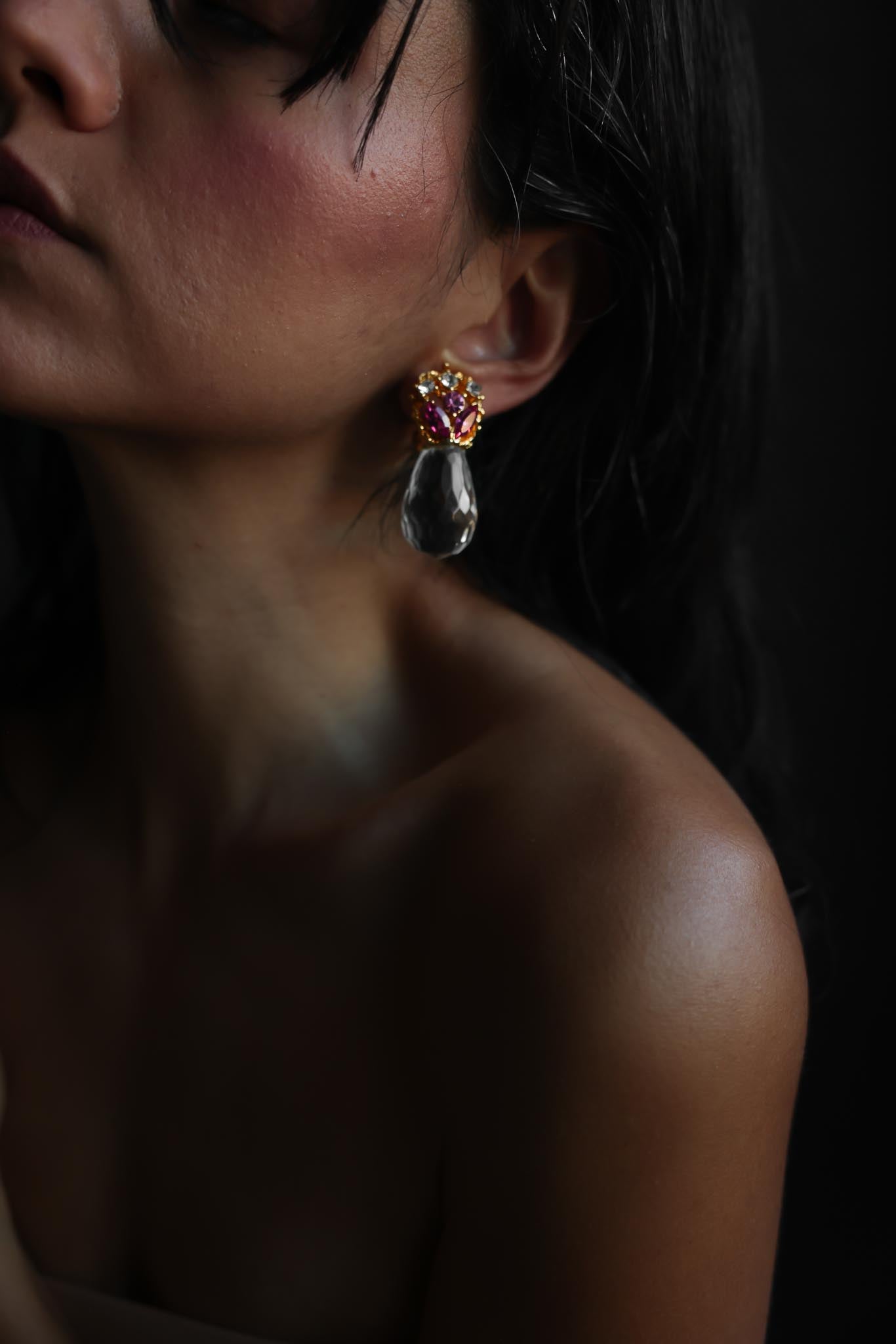 Pink Rhinestone & Faceted Glass Drop Clip-On Earrings