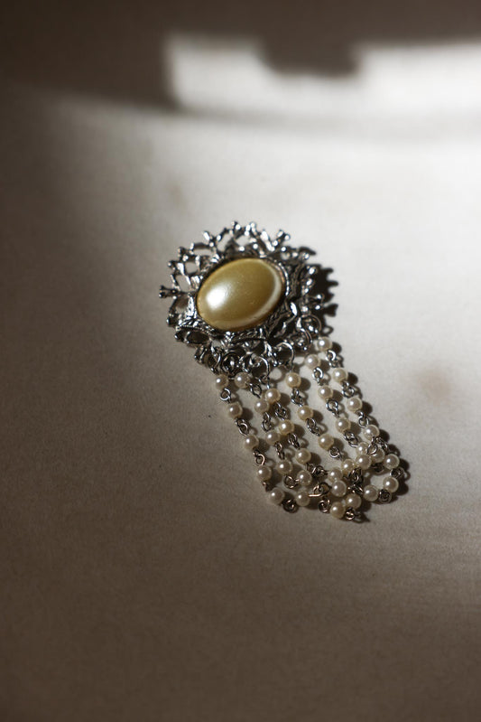 Silver-Tone Brooch with Faux Pearl and Draped Beaded Chains