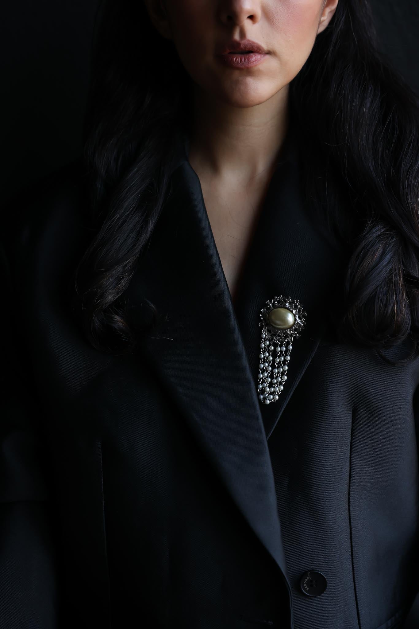 Silver-Tone Brooch with Faux Pearl and Draped Beaded Chains