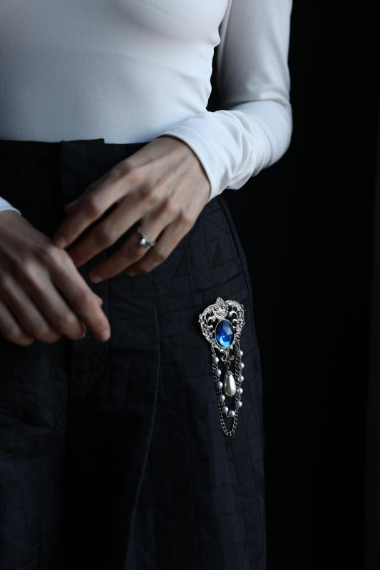 Royal Crest Brooch with Blue Stone and Faux Pearls|Vintage Baazaar 
