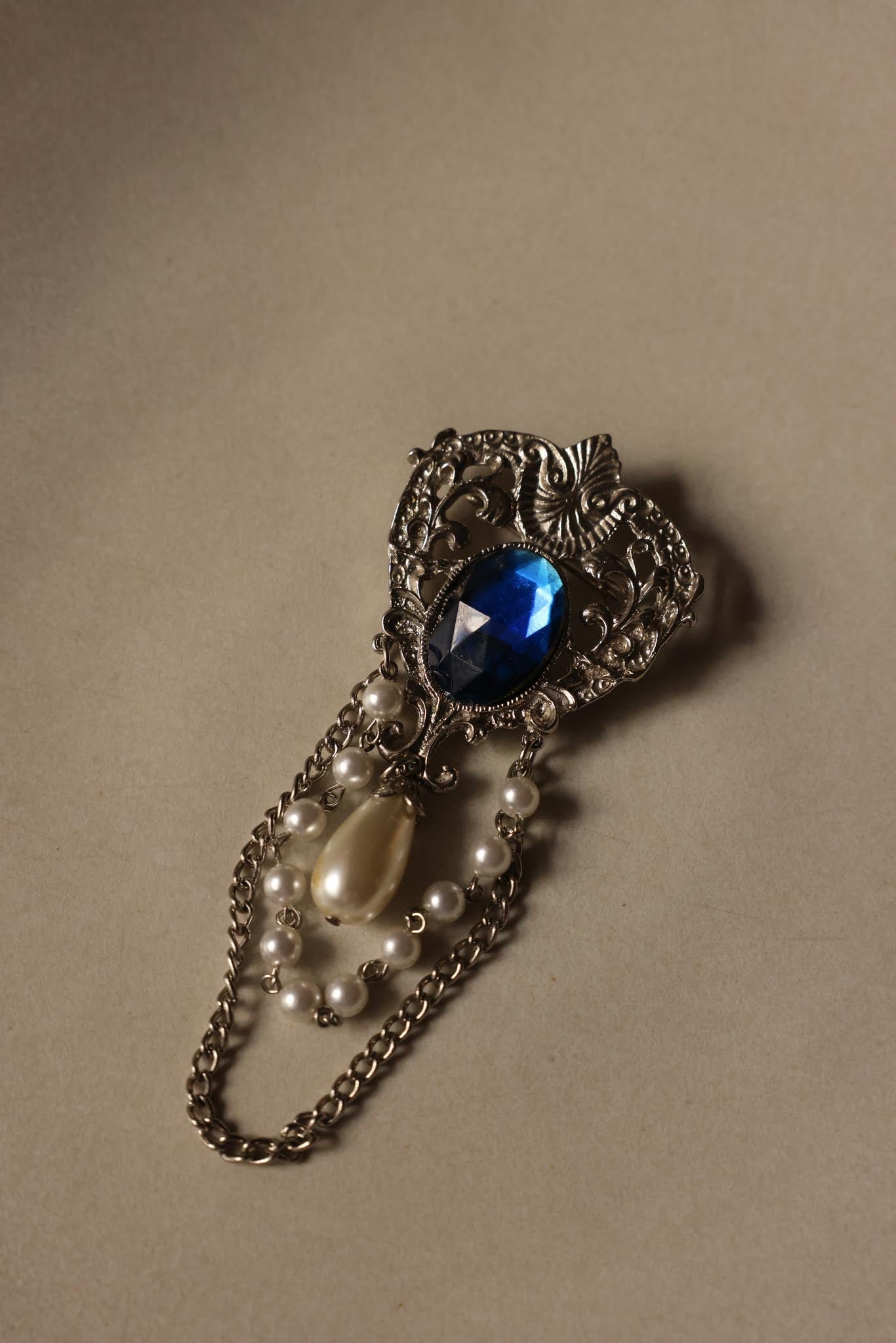 Royal Crest Brooch with Blue Stone and Faux Pearls|Vintage Baazaar 