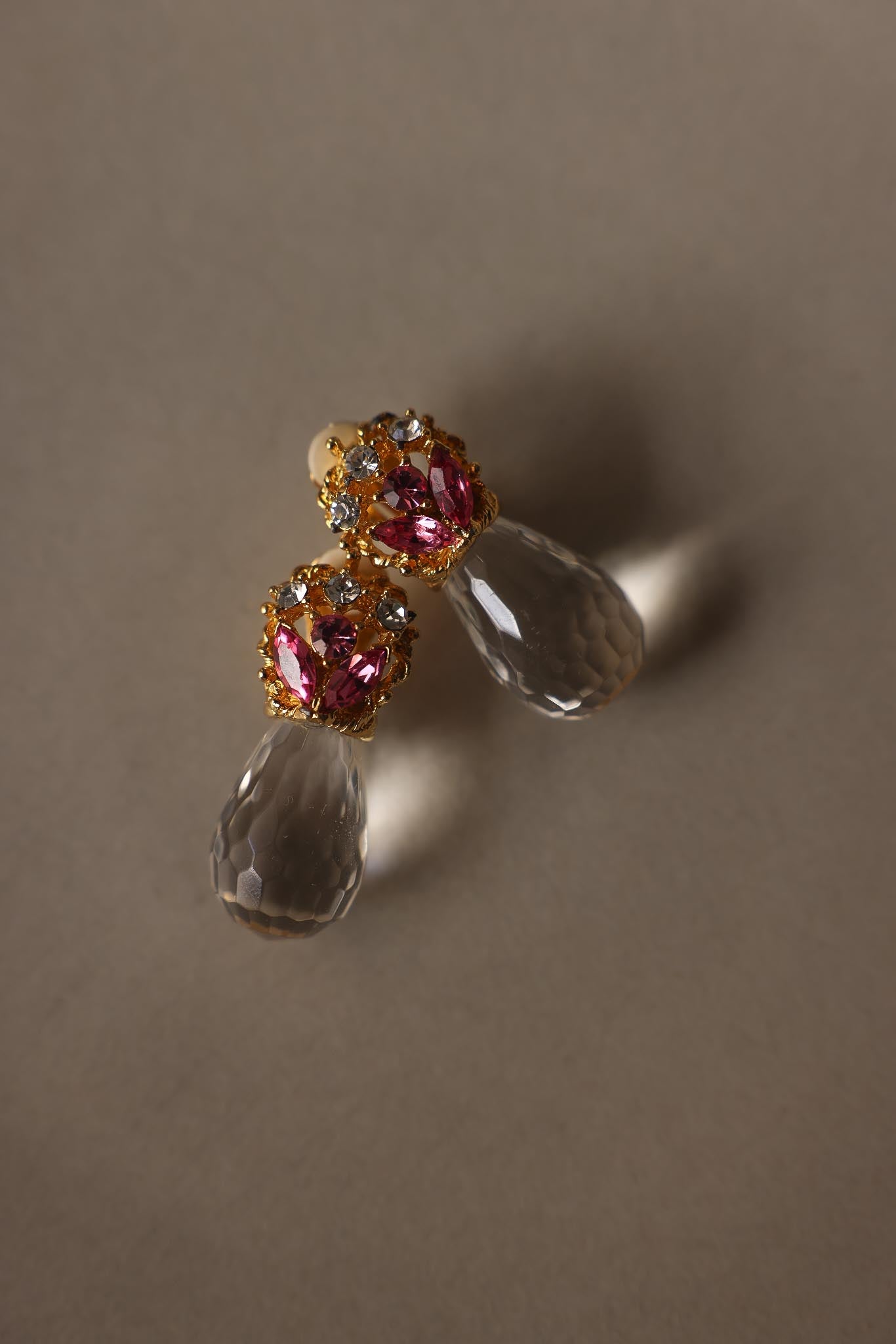 Pink Rhinestone & Faceted Glass Drop Clip-On Earrings