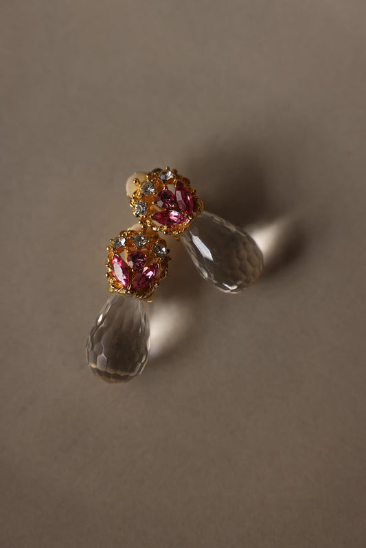 Pink Rhinestone & Faceted Glass Drop Clip-On Earrings