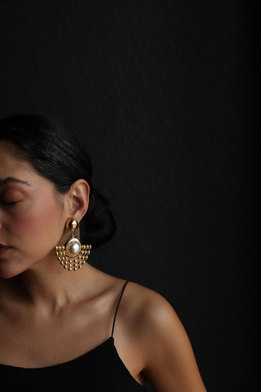 Gold-Tone Clip-On Earrings with Faux Pearls and Layered Bead Design