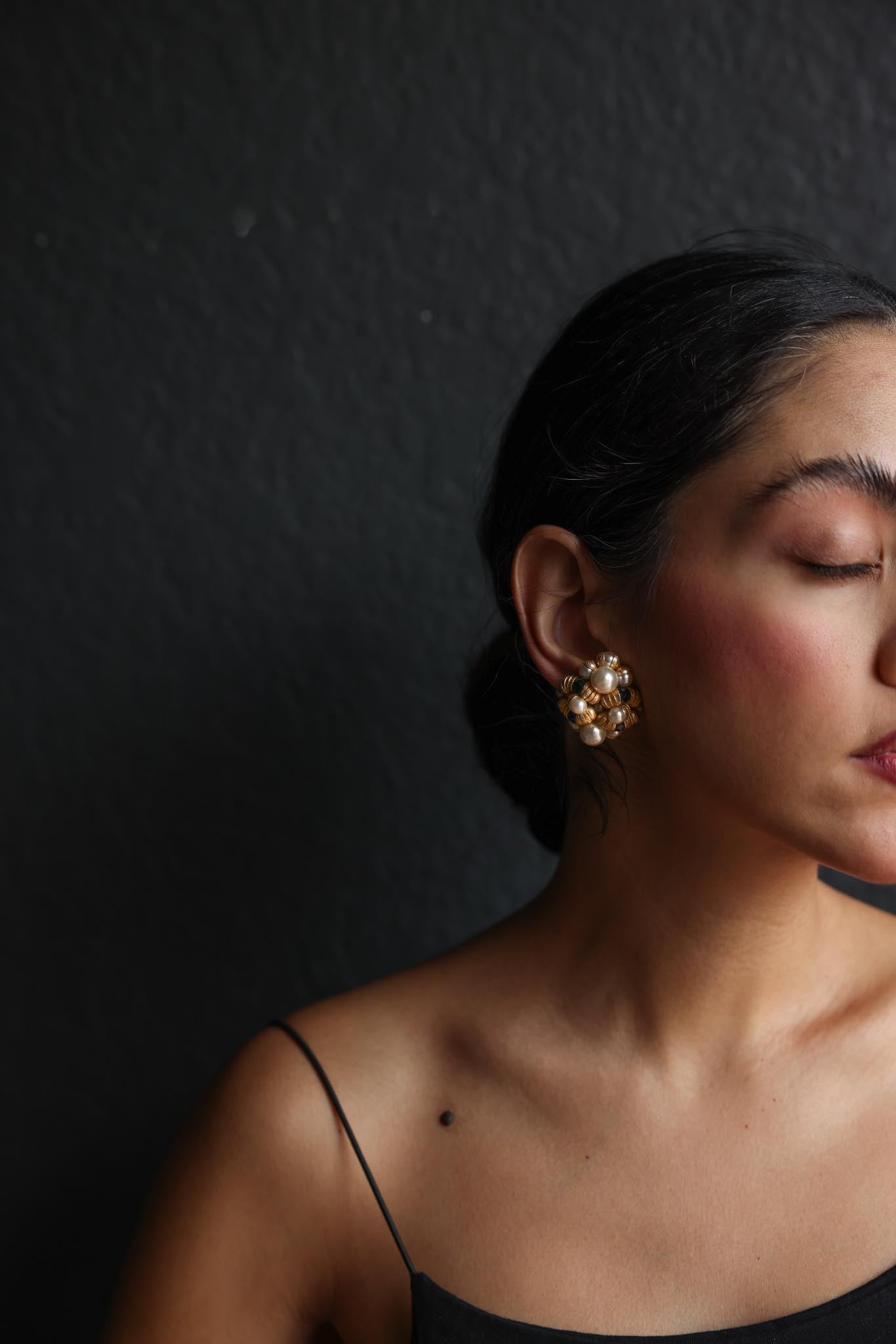 Gold-Tone Clip-On Earrings with Black and Faux Pearl Accents