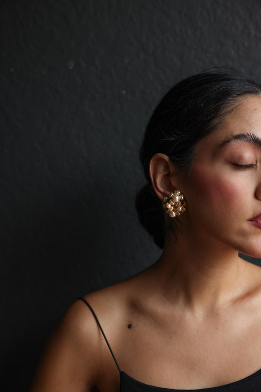 Gold-Tone Clip-On Earrings with Black and Faux Pearl Accents