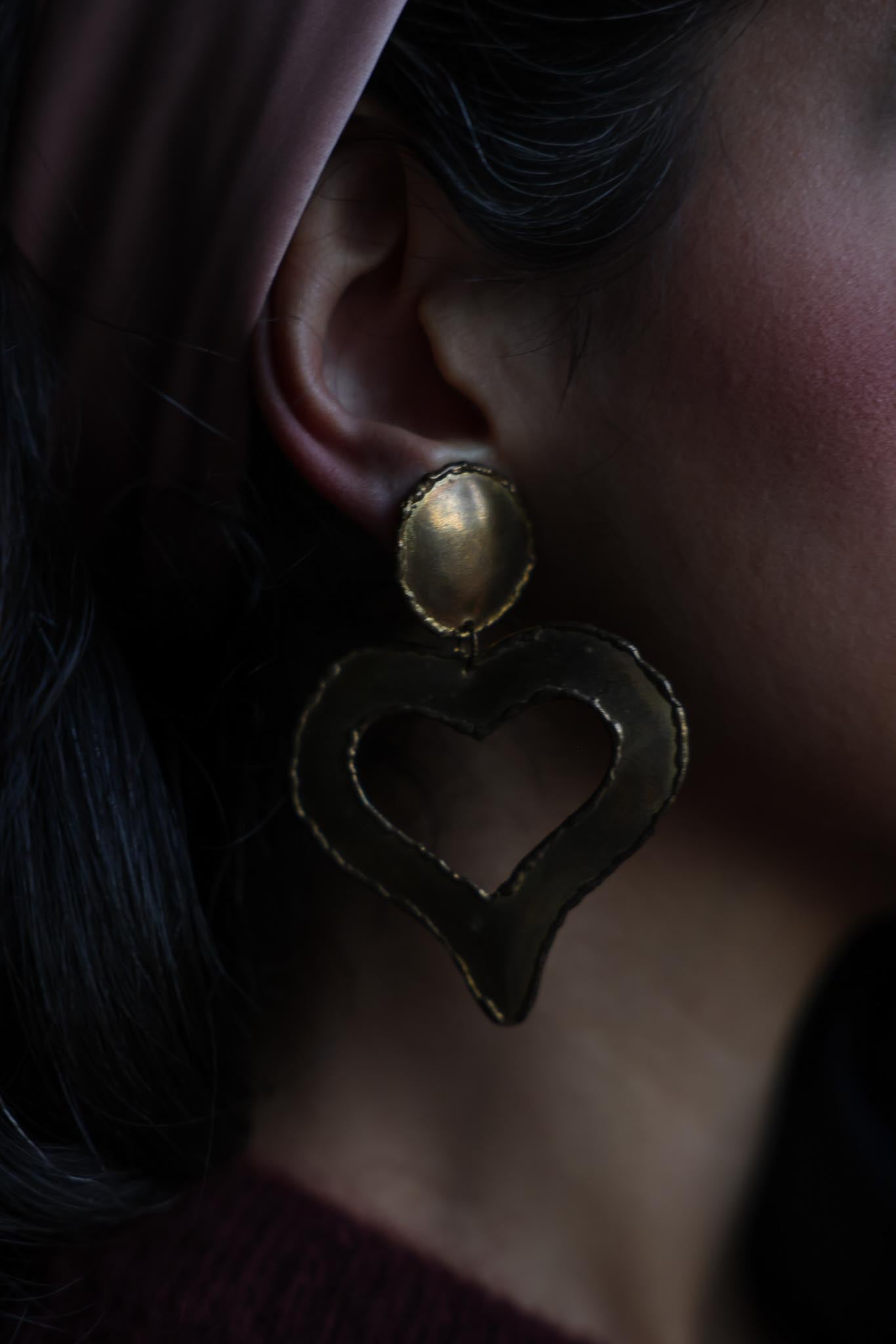 Brass Sculptural Heart Drop Clip-On Earrings