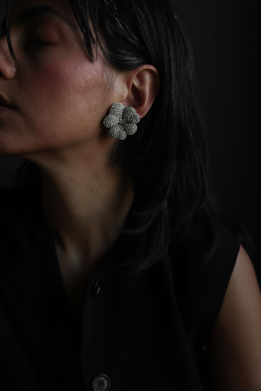 Silvertone Rhinestone Flower Clip-On Earrings
