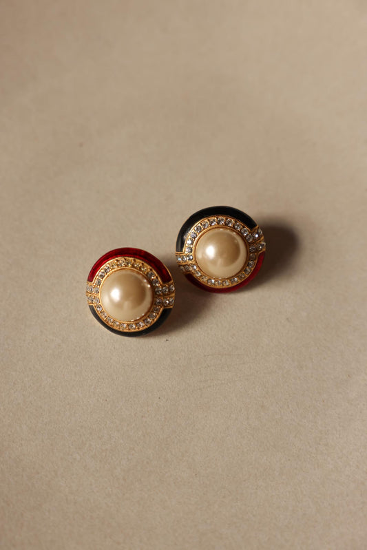 Gold-Tone Clip-On Earrings with Red, Black, and Faux Pearl Accents
