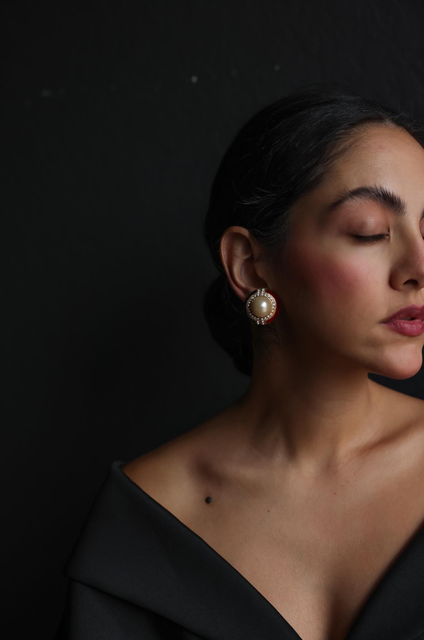 Gold-Tone Clip-On Earrings with Red, Black, and Faux Pearl Accents