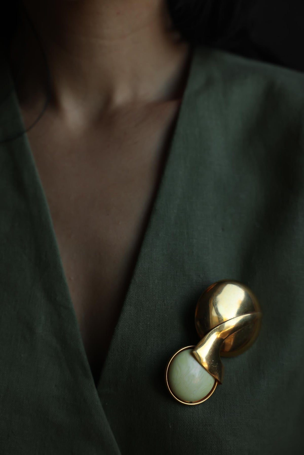 Gold Tone Abstract Statement Brooch with Cream Cabochon