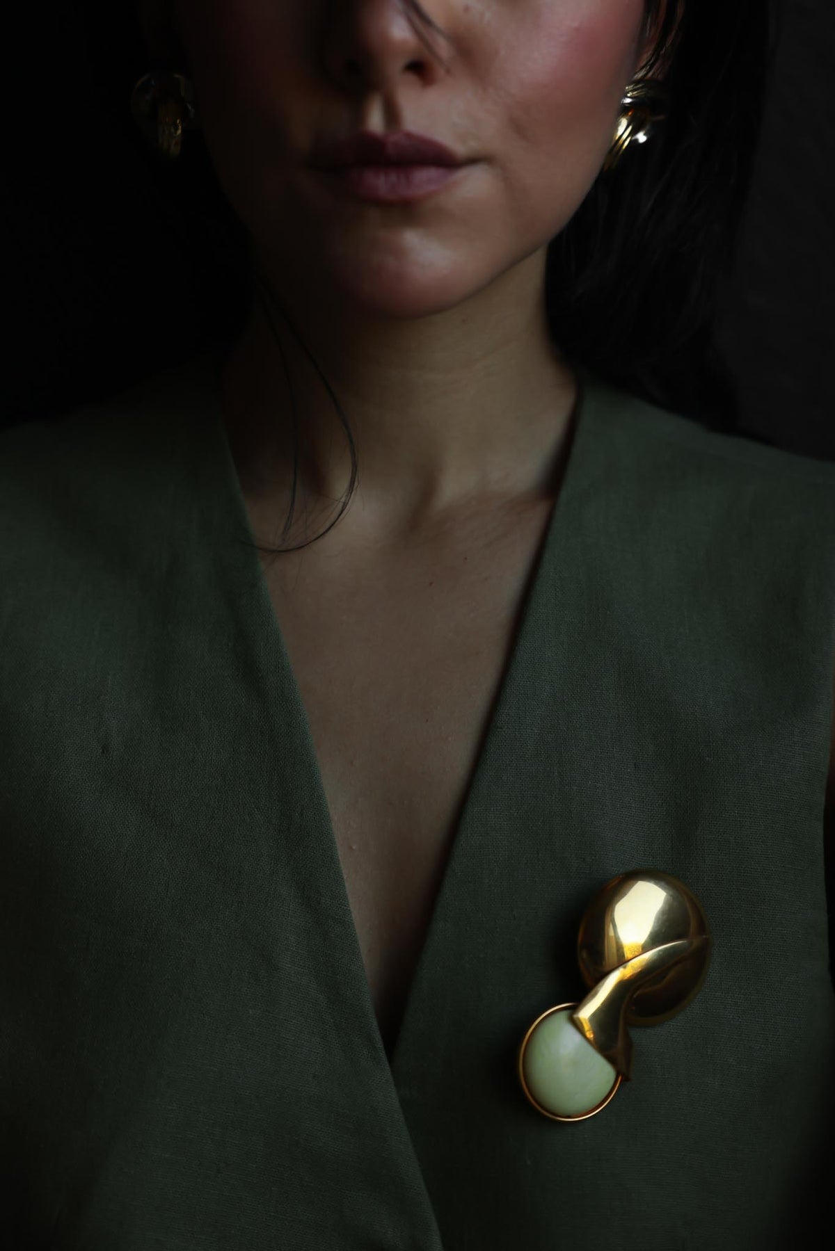 Gold Tone Abstract Statement Brooch with Cream Cabochon