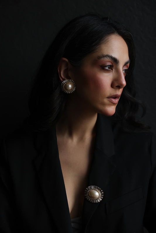 Gold-Tone Faux Pearl and Rhinestone Earring & Brooch Set